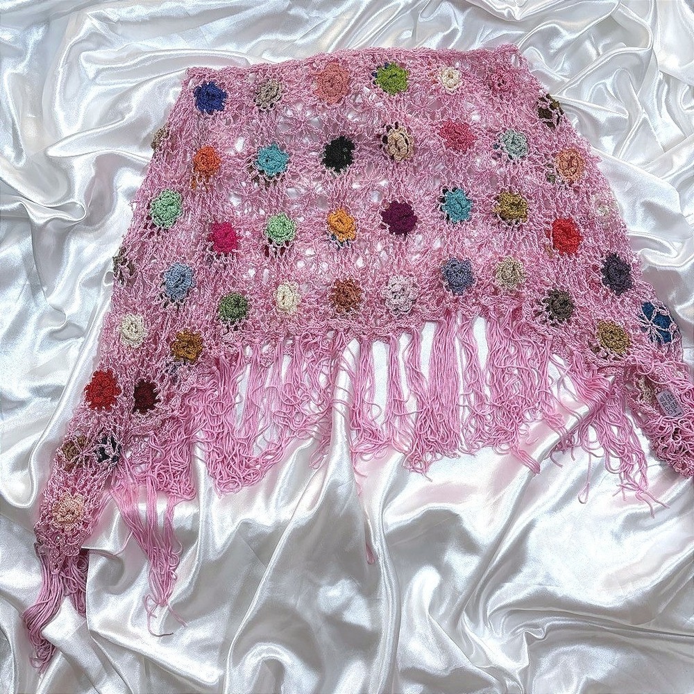 Y2K Pink Crochet Beaded Fringe Wrap Shawl